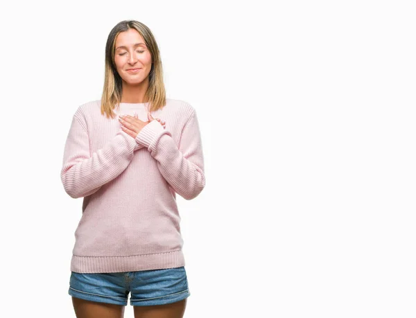 Jovem Mulher Bonita Vestindo Camisola Inverno Sobre Fundo Isolado Sorrindo — Fotografia de Stock