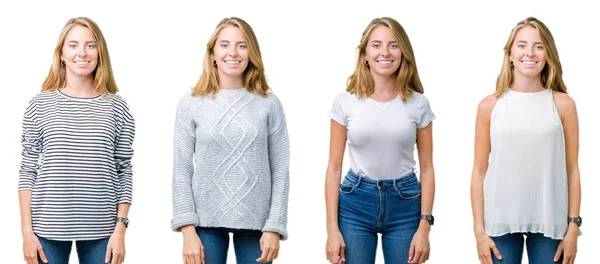 Collage Vacker Blond Kvinna Över Vita Isolerade Bakgrund Med Glad — Stockfoto