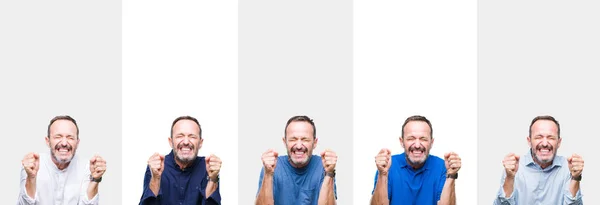 Collage Middle Age Senior Hoary Man Isolated Background Excited Success — Stock Photo, Image