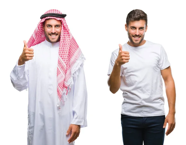 ハンサムな若い男と幸せな親指の手でジェスチャーを行う分離の背景上のアラブ人のコラージュ 成功を示すカメラを見て式を承認します — ストック写真