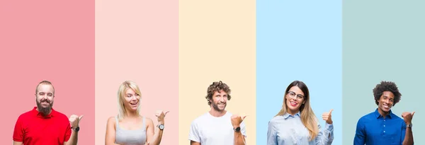 Collage Group Young People Colorful Vintage Isolated Background Smiling Happy — Stock Photo, Image