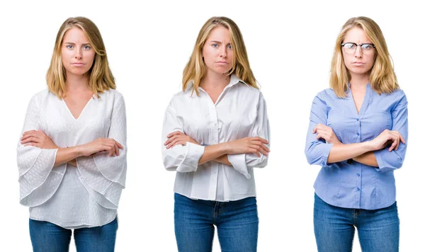 Collage Hermosa Mujer Negocios Rubia Sobre Fondo Blanco Aislado Escéptico —  Fotos de Stock