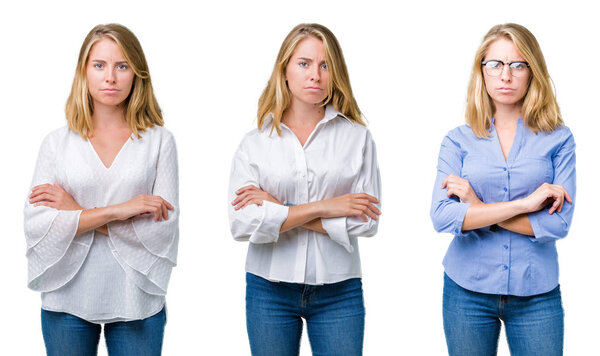 Collage of beautiful blonde business woman over white isolated background skeptic and nervous, disapproving expression on face with crossed arms. Negative person.