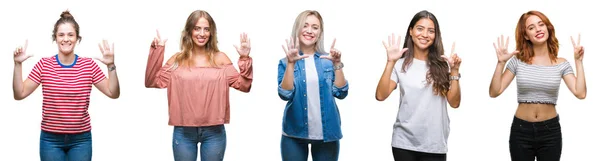 Коллаж Молодых Красивых Ощупь Женщин Изолированном Фоне Показывая Показывая Пальцами — стоковое фото