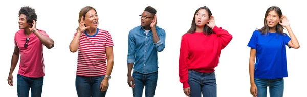 噂やゴシップに審理をリスニングの耳に手を浮かべて分離の白い背景の上の人々 のアフリカ系アメリカ人 ヒスパニック 中国語グループの組成物 難聴の概念 — ストック写真
