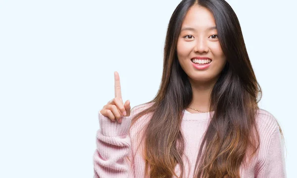 Jonge Aziatische Vrouw Geïsoleerde Achtergrond Vinger Omhoog Met Succesvolle Idee — Stockfoto