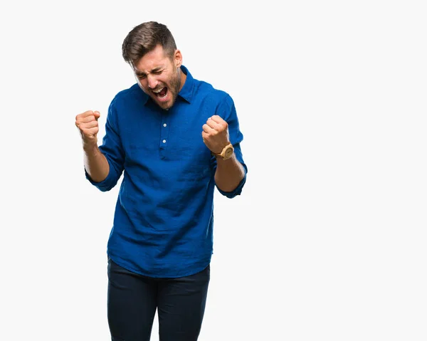 Homem Bonito Jovem Sobre Fundo Isolado Muito Feliz Animado Fazendo — Fotografia de Stock