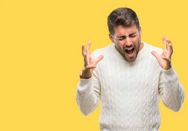 Joven Hombre Guapo Con Suéter Invierno Sobre Fondo Aislado Celebrando — Foto de Stock