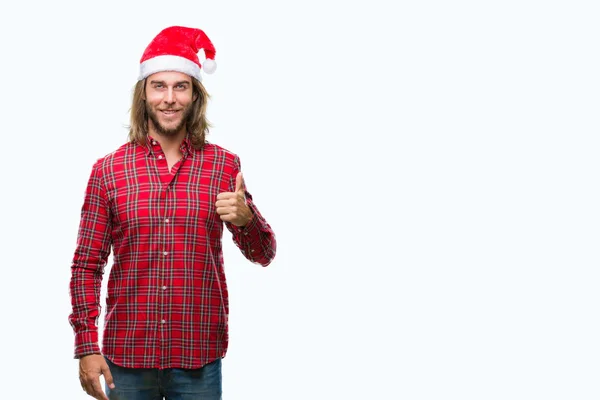 Young Handsome Man Long Hair Wearing Santa Claus Hat Isolated — Stock Photo, Image