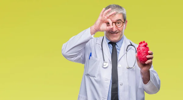 Przystojny Senior Kardiolog Lekarz Mężczyzna Trzymając Serca Białym Tle Szczęśliwy — Zdjęcie stockowe