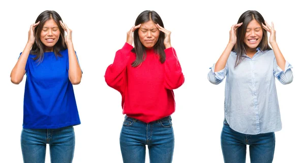 亚洲年轻妇女站立在白色被隔绝的背景与手在头为痛苦在头的拼贴由于重音 患有偏头痛 — 图库照片