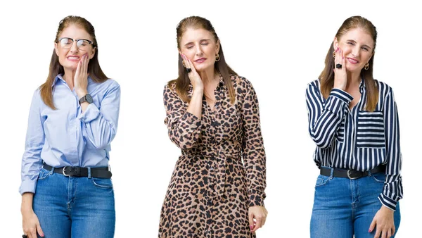 Collage Vackra Medelålders Kvinna Över Isolerade Bakgrund Att Röra Munnen — Stockfoto
