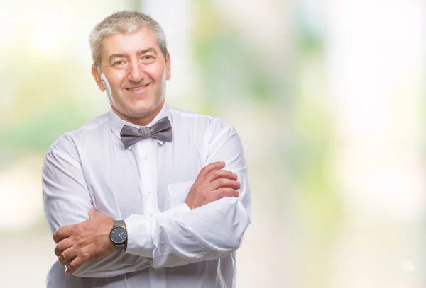 Przystojny Mężczyzna Senior Noszenia Muszka Białym Tle Szczęśliwy Twarz Uśmiechający — Zdjęcie stockowe