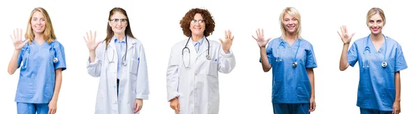 白い分離背景表示と指で上向きに専門の医者の女性のグループのコラージュ数は自信を持って 幸せな笑みを浮かべている間 — ストック写真