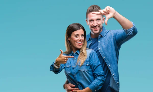 Young Couple Love Isolated Background Smiling Making Frame Hands Fingers — Stock Photo, Image