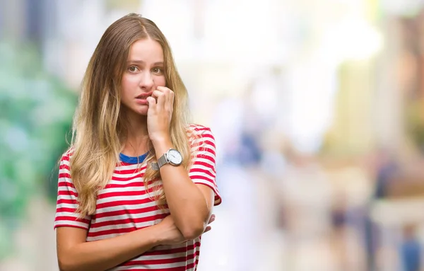 Giovane Bella Donna Bionda Sfondo Isolato Cercando Stressato Nervoso Con — Foto Stock