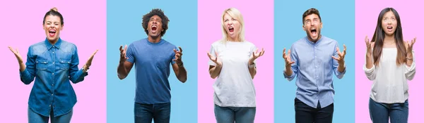 Collage Group Young Casual People Colorful Isolated Background Crazy Mad — Stock Photo, Image
