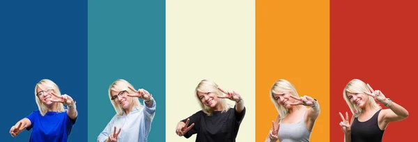 Collage Van Mooie Blonde Vrouw Kleurrijke Vintage Geïsoleerde Achtergrond Glimlachend — Stockfoto