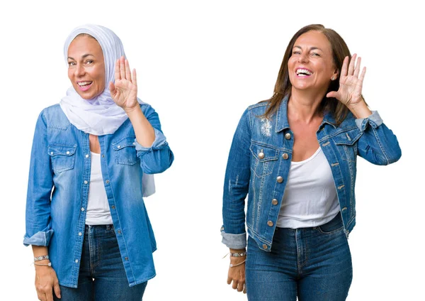 Collage Einer Schönen Arabischen Frau Mittleren Alters Vor Isoliertem Hintergrund — Stockfoto
