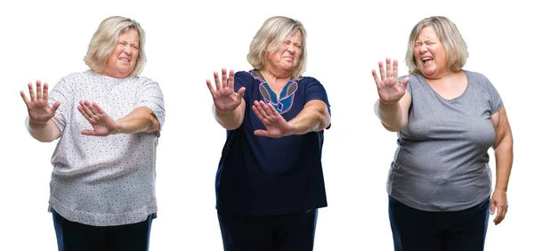 Collage Senior Fet Kvinna Över Isolerade Bakgrund Äcklade Uttryck Missnöjd — Stockfoto