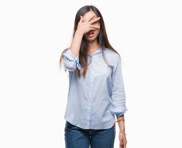 Young Asian Business Woman Wearing Glasses Isolated Background Peeking Shock — Stock Photo, Image