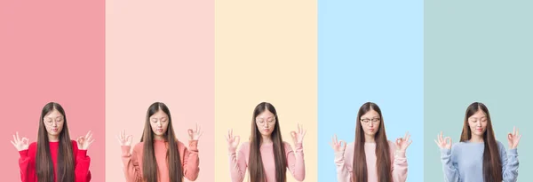 Renkli Çizgili Izole Arka Plan Üzerinde Güzel Asyalı Kadın Kolaj — Stok fotoğraf