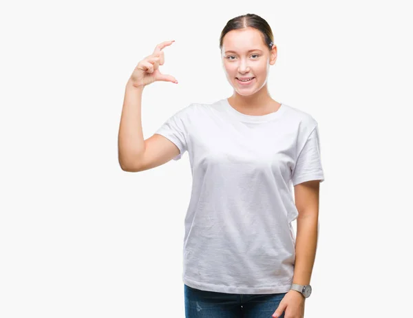 Young Beautiful Caucasian Woman Isolated Background Smiling Confident Gesturing Hand — Stock Photo, Image