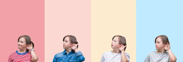 Collage Einer Frau Mit Syndrom Über Bunten Streifen Isolierten Hintergrund — Stockfoto