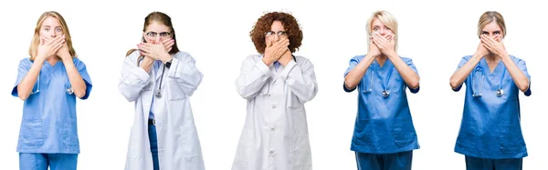 間違いのための手で口を覆っているショックを受けた分離白地以上専門の医者の女性のグループのコラージュ 秘密の概念 — ストック写真