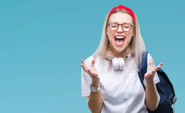 Ung Blond Student Kvinna Bär Glasögon Och Ryggsäck Över Isolerade — Stockfoto