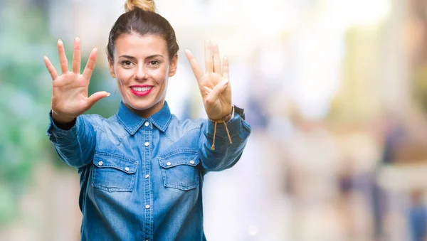 Joven Hermosa Mujer Sobre Fondo Aislado Mostrando Señalando Hacia Arriba — Foto de Stock