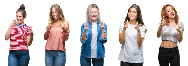 Collage Unga Vackra Grop Kvinnor Över Isolerade Bakgrund Pekande Fingrar — Stockfoto