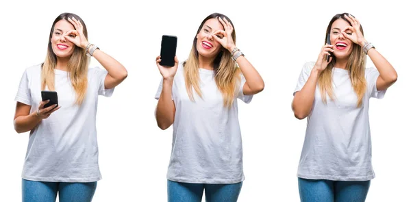 Collage Von Jungen Schönen Frau Mit Smartphone Über Isolierten Hintergrund — Stockfoto