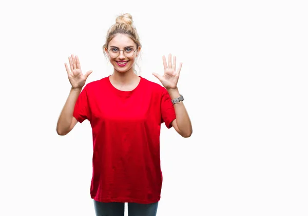 Joven Hermosa Mujer Rubia Con Camiseta Roja Gafas Sobre Fondo — Foto de Stock