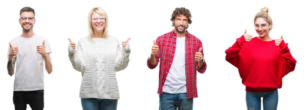 Collage Van Groep Jongeren Witte Geïsoleerde Achtergrond Succes Teken Doen — Stockfoto