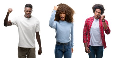 Kolaj Afro-Amerikan grup izole arka plan öfkeli ve sinirli sinirli ve öfke ile bağırarak süre öfkeli yumruk yükselterek üzerinde insan. Öfke ve agresif kavramı.