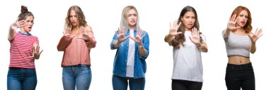 Korkuyor ve dehşet korku ifade dur hareketi el ile ile izole arka plan üzerinde şok bağıran kadınların genç güzel grop kolaj. Panik kavramı.