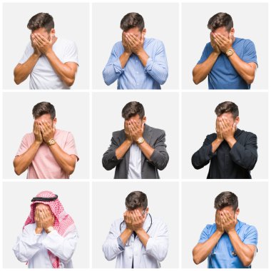 Genç doktor Arap iş adamı kolaj arka plan üzgün ifade yüz eller ile ağlayarak süre kapsayan ile izole. Depresyon kavramı.