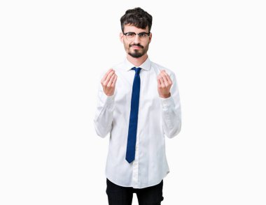 Maaş ödeme için milyoner iş soran arka plan yapıyor para hareketi el ile üzerinden gözlüklü genç yakışıklı iş adamı izole