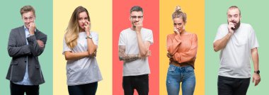 Kolaj grup insanlar, kadınlar ve erkekler stresli ve gergin elle çivi ısırma ağzına arıyorsunuz renkli izole arka plan üzerinde. Anksiyete sorunu.