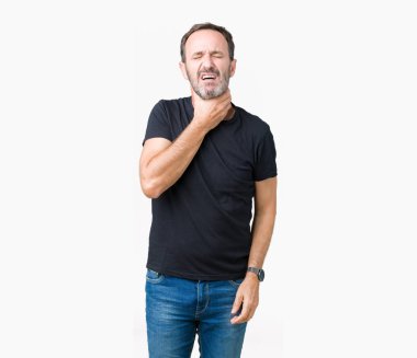 Yakışıklı orta yaş ağarmış komuta sizde izole üzerinde arka plan ağrılı boyun, boğaz gribi, kesek ve enfeksiyon için dokunaklı