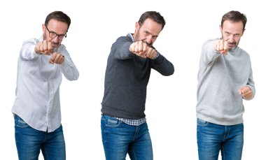 Üst düzey yakışıklı beyaz izole zemin kum yumruk dövüşü, saldırgan ve kızgın saldırı, tehdit ve şiddet üzerine kolaj