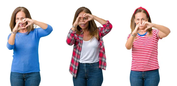 Collage Beautiful Middle Age Woman Isolated Background Doing Heart Shape — Stock Photo, Image