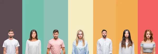 Collage Diverse Etnie Giovani Strisce Colorate Sfondo Isolato Depresso Preoccupazione — Foto Stock