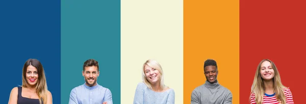 Colagem Grupo Jovens Sobre Colorido Vintage Isolado Fundo Feliz Rosto — Fotografia de Stock