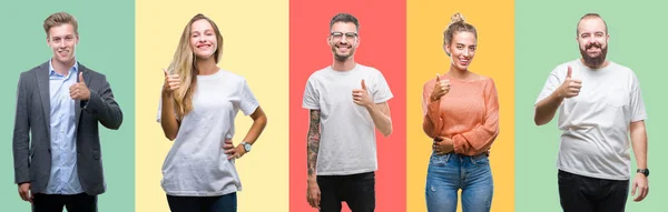 Colagem Pessoas Grupo Mulheres Homens Sobre Fundo Isolado Colorido Fazendo — Fotografia de Stock