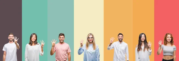 Collage Different Ethnics Young People Colorful Stripes Isolated Background Showing — Stock Photo, Image