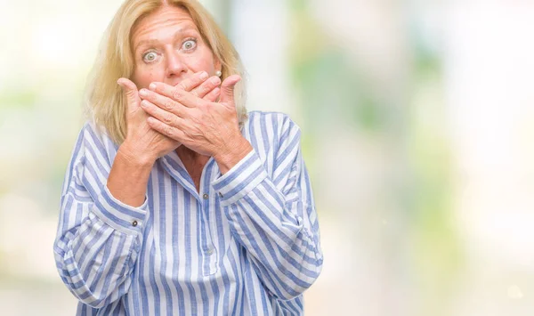 Middle Age Blonde Business Woman Isolated Background Shocked Covering Mouth — Stock Photo, Image