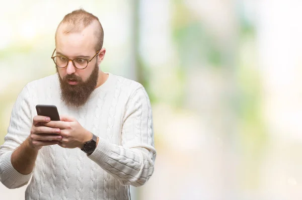 Giovane Uomo Hipster Caucasico Sms Invio Messaggi Utilizzando Smartphone Sfondo — Foto Stock