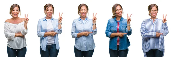 Colagem Mulher Hispânica Meia Idade Sobre Fundo Isolado Sorrindo Com — Fotografia de Stock